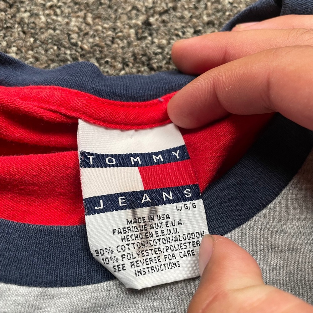 Vintage Tommy Jeans T Shirt Mens Large Colorblock Grey Red Blue Made in USA 90s - Picture 6 of 8